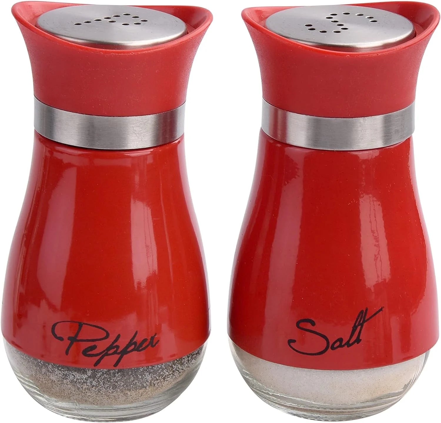 Salt and Pepper Shakers Set, Glass Bottom Salt Shaker with Stainless Steel Lid for Kitchen Gadgets Cooking Table, RV, Camp,Bbq Refillable Design, Red