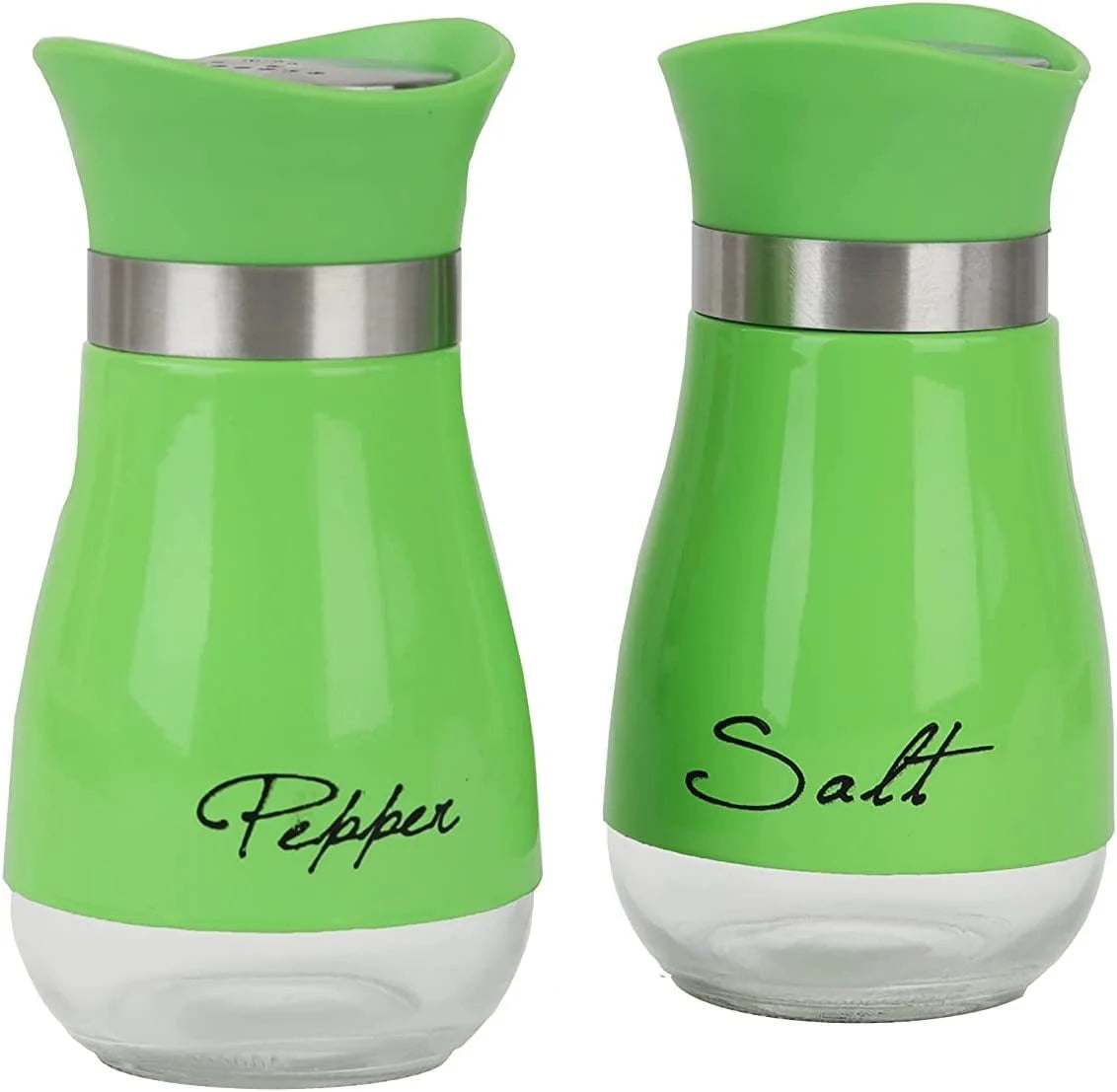 Salt and Pepper Shakers Set, Glass Bottom Salt Shaker with Stainless Steel Lid for Kitchen Gadgets Cooking Table, RV, Camp,Bbq Refillable Design, Green