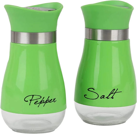 Salt and Pepper Shakers Set, Glass Bottom Salt Shaker with Stainless Steel Lid for Kitchen Gadgets Cooking Table, RV, Camp,Bbq Refillable Design, Green