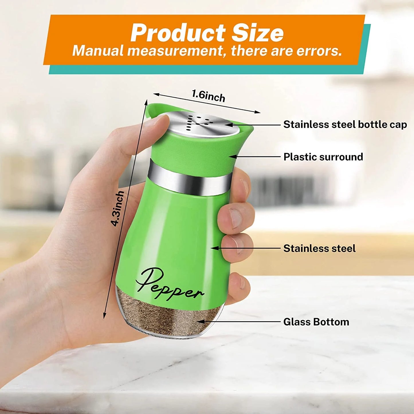 Salt and Pepper Shakers Set, Glass Bottom Salt Shaker with Stainless Steel Lid for Kitchen Gadgets Cooking Table, RV, Camp,Bbq Refillable Design, Green
