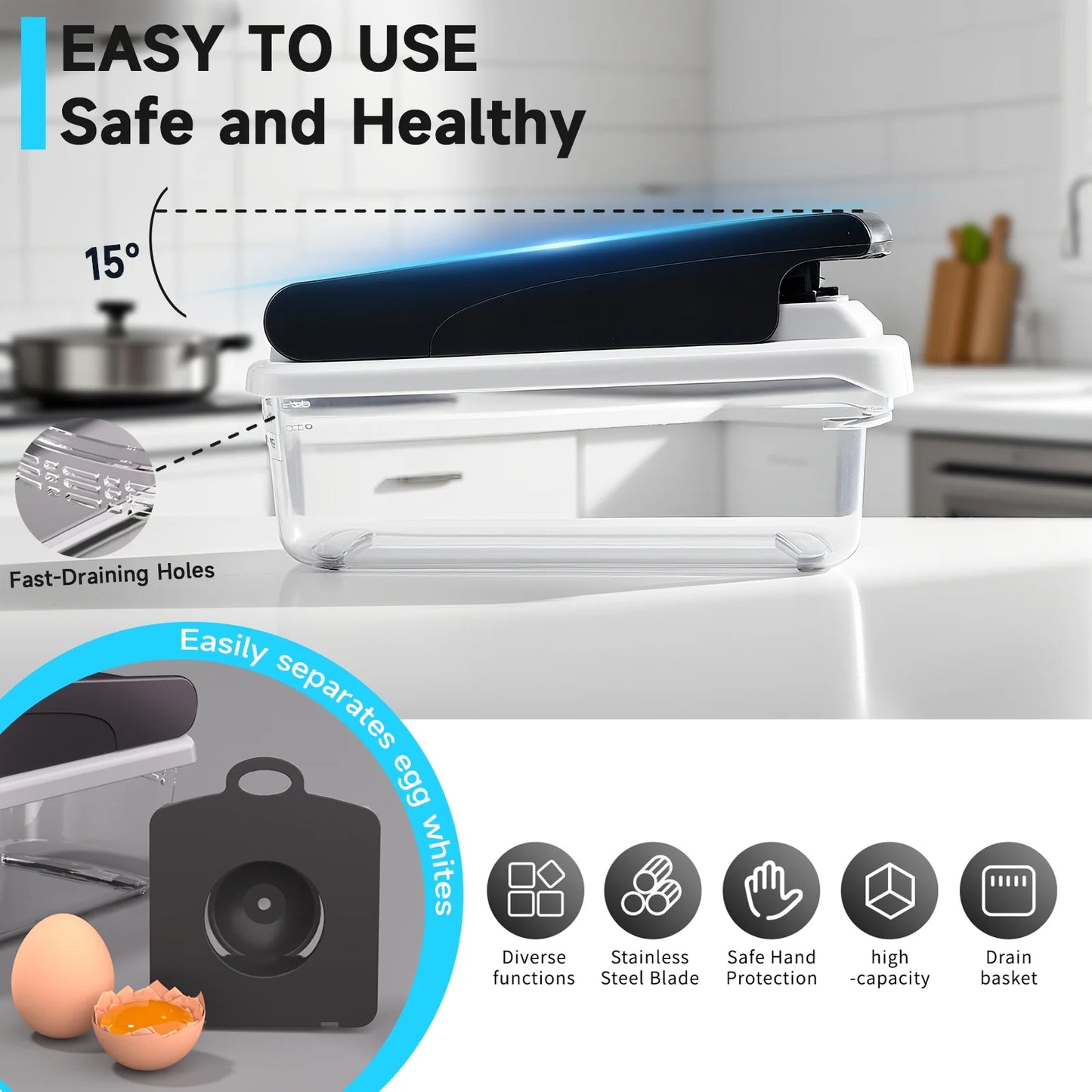 Vegetable Chopper Food Slicer, 15 in 1 Multi-Function Food Chopper for Onion, Veggie, Cheese Grater, Vegetables Cutter with Large Container, Kitchen Gadgets (White)