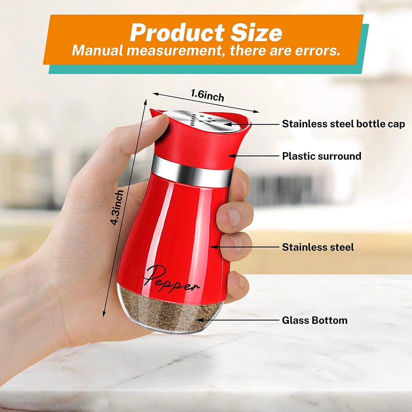 Salt and Pepper Shakers Set, Glass Bottom Salt Shaker with Stainless Steel Lid for Kitchen Gadgets Cooking Table, RV, Camp,Bbq Refillable Design, Red