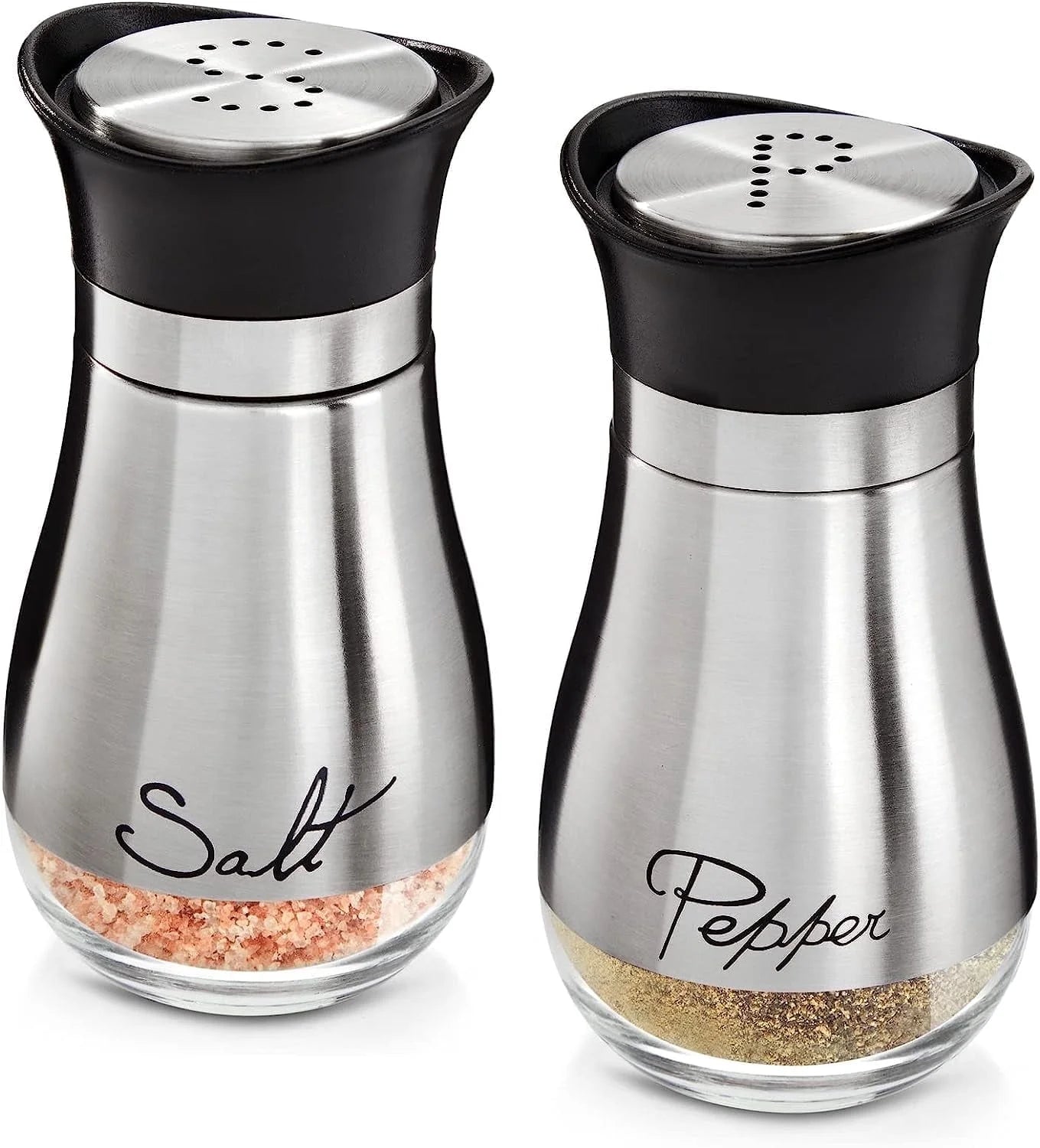 Salt and Pepper Shakers Set, Glass Bottom Salt Shaker with Stainless Steel Lid for Kitchen Gadgets Cooking Table, RV, Camp,Bbq Refillable Design, Silver