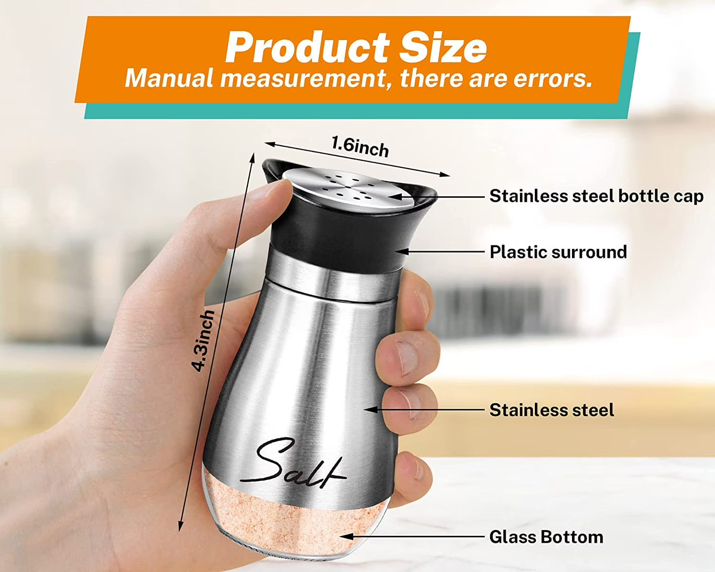 Salt and Pepper Shakers Set, Glass Bottom Salt Shaker with Stainless Steel Lid for Kitchen Gadgets Cooking Table, RV, Camp,Bbq Refillable Design, Silver