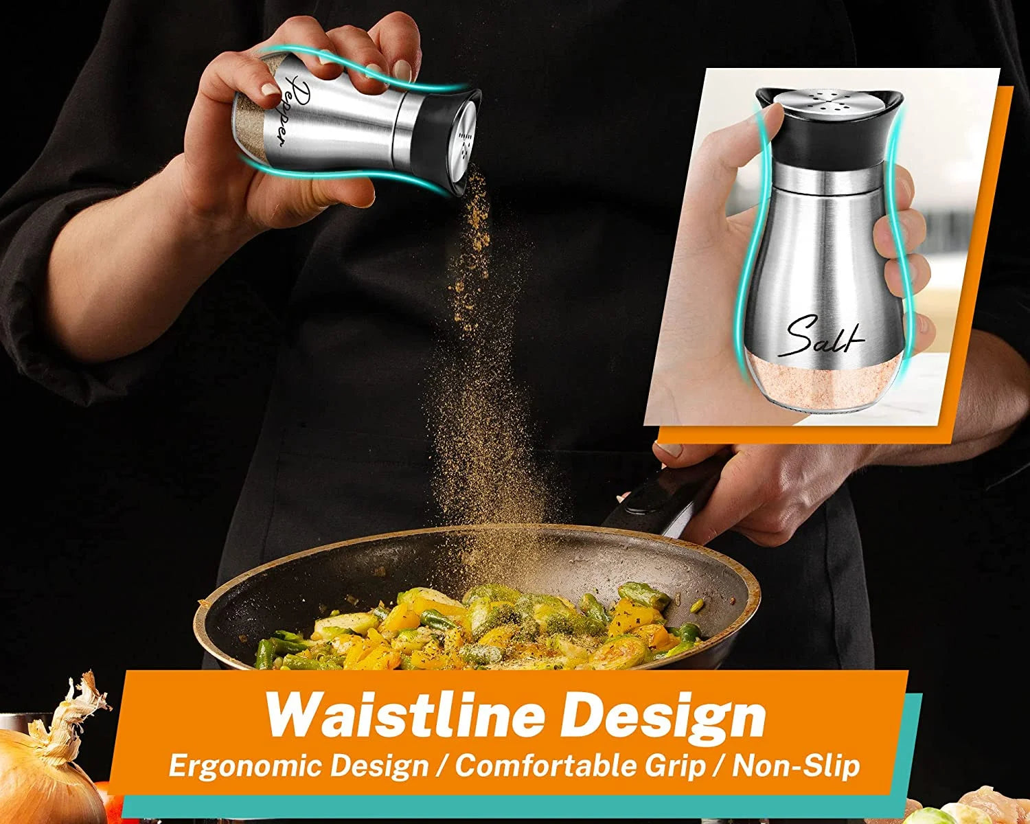Salt and Pepper Shakers Set, Glass Bottom Salt Shaker with Stainless Steel Lid for Kitchen Gadgets Cooking Table, RV, Camp,Bbq Refillable Design, Silver