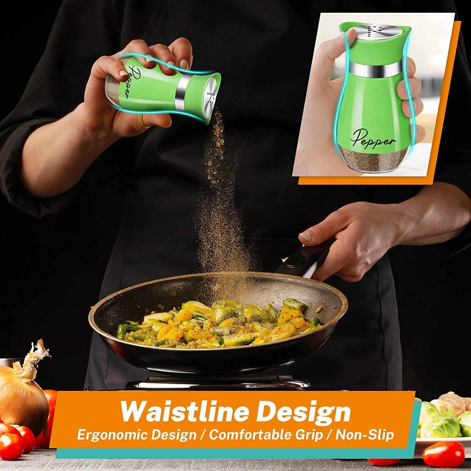 Salt and Pepper Shakers Set, Glass Bottom Salt Shaker with Stainless Steel Lid for Kitchen Gadgets Cooking Table, RV, Camp,Bbq Refillable Design, Green