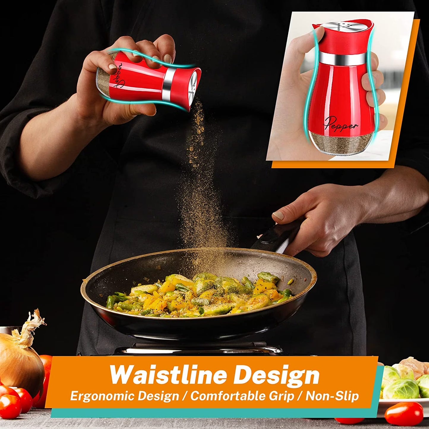 Salt and Pepper Shakers Set, Glass Bottom Salt Shaker with Stainless Steel Lid for Kitchen Gadgets Cooking Table, RV, Camp,Bbq Refillable Design, Red