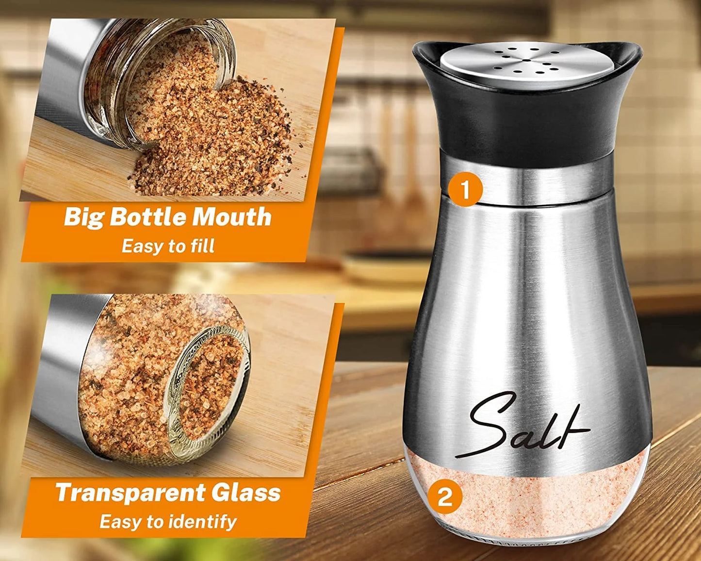 Salt and Pepper Shakers Set, Glass Bottom Salt Shaker with Stainless Steel Lid for Kitchen Gadgets Cooking Table, RV, Camp,Bbq Refillable Design, Silver