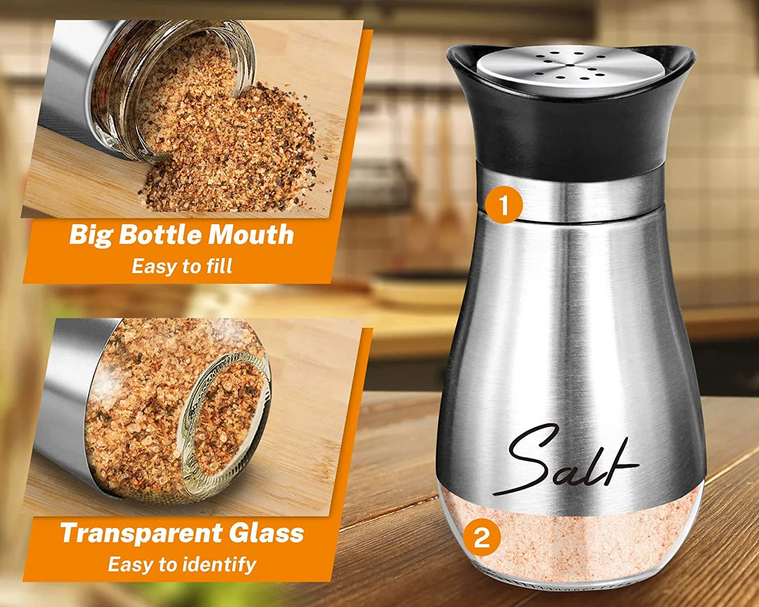 Salt and Pepper Shakers Set, Glass Bottom Salt Shaker with Stainless Steel Lid for Kitchen Gadgets Cooking Table, RV, Camp,Bbq Refillable Design, Silver