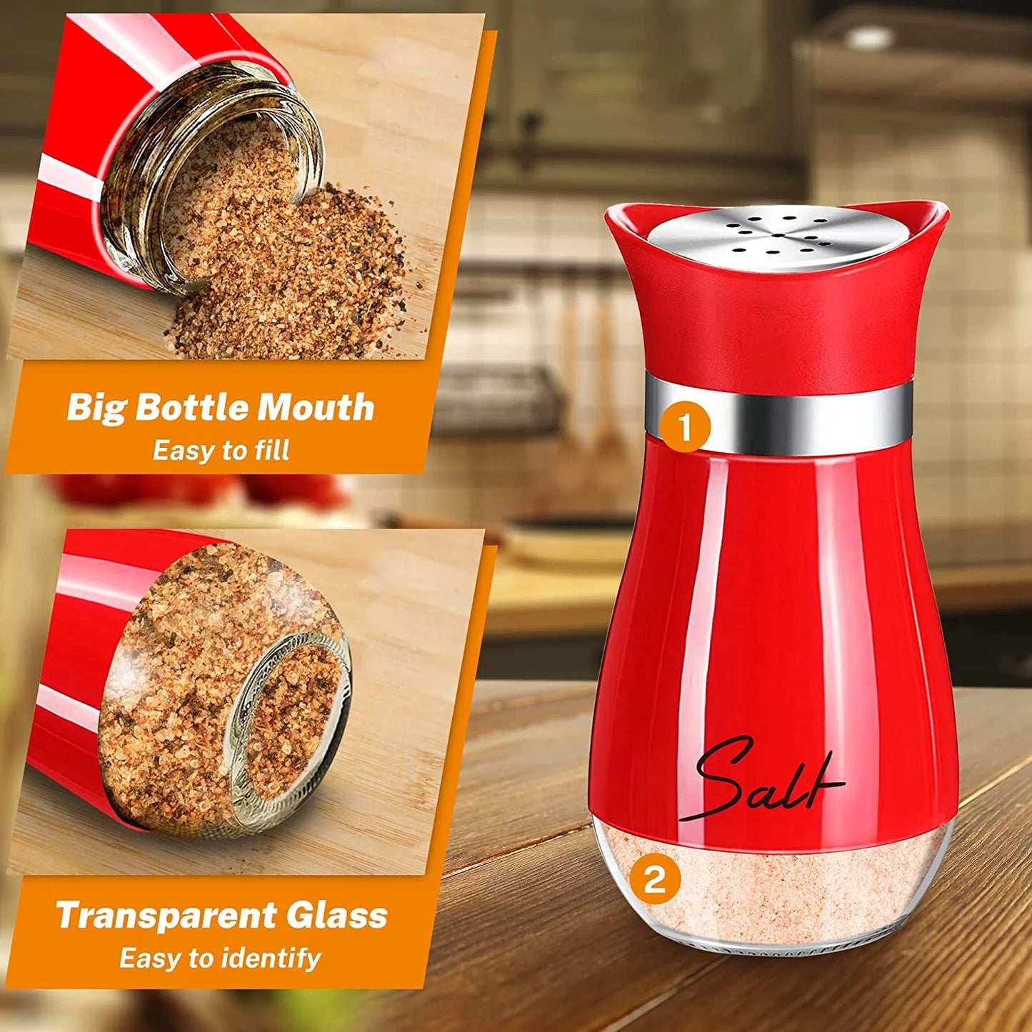 Salt and Pepper Shakers Set, Glass Bottom Salt Shaker with Stainless Steel Lid for Kitchen Gadgets Cooking Table, RV, Camp,Bbq Refillable Design, Red