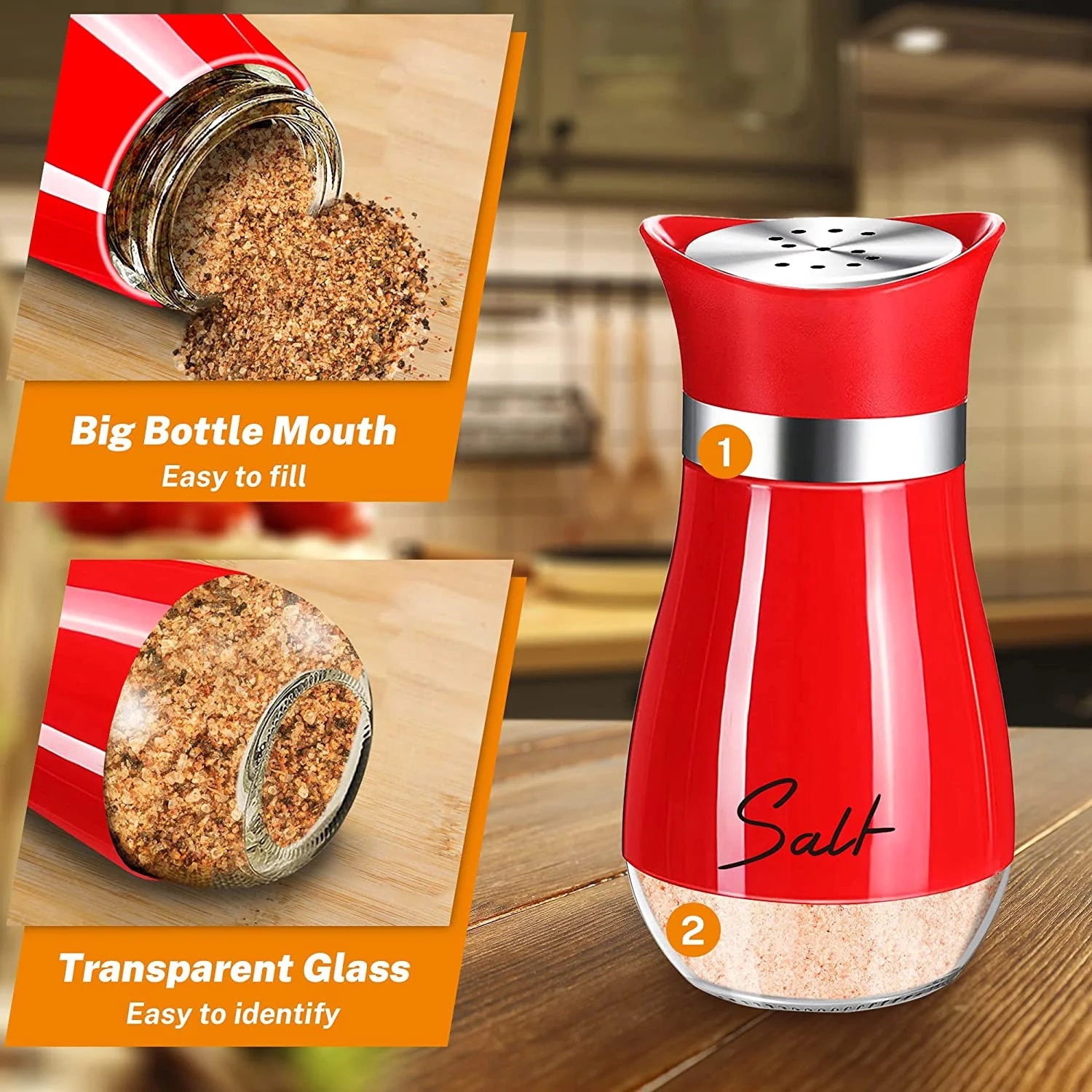 Salt and Pepper Shakers Set, Glass Bottom Salt Shaker with Stainless Steel Lid for Kitchen Gadgets Cooking Table, RV, Camp,Bbq Refillable Design, Red
