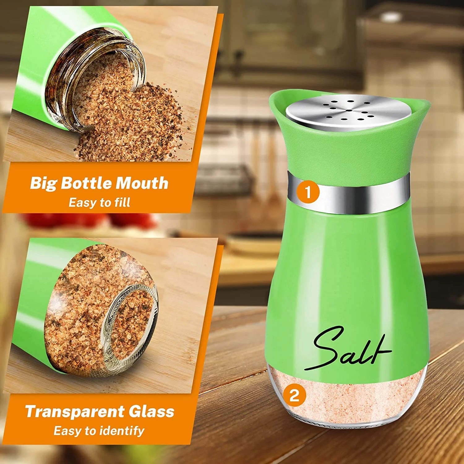 Salt and Pepper Shakers Set, Glass Bottom Salt Shaker with Stainless Steel Lid for Kitchen Gadgets Cooking Table, RV, Camp,Bbq Refillable Design, Green